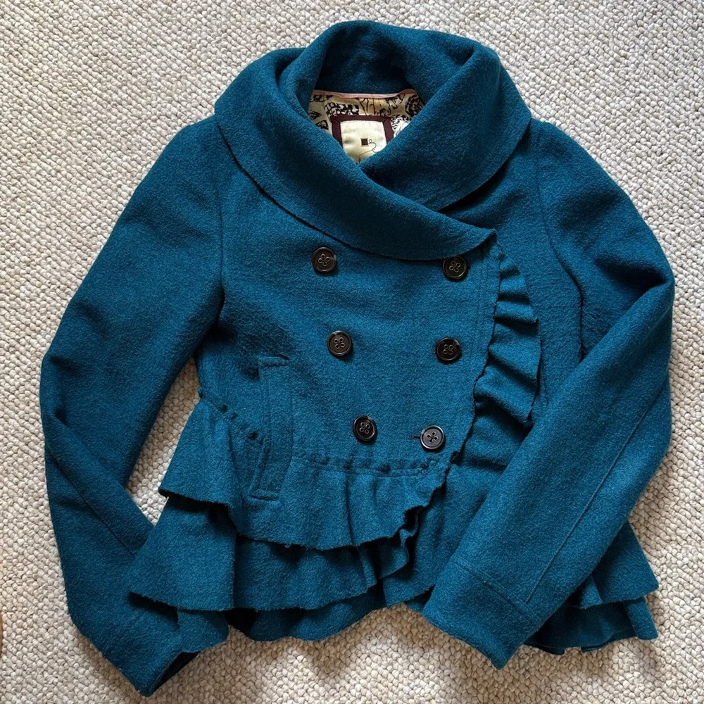 Anthropologie Elevenses Frilled Echelons Peacoat - Picture 4 of 8